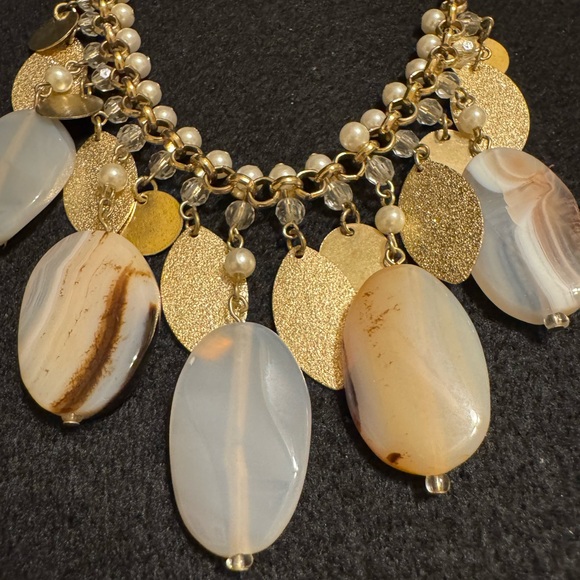 Contemporary G/T statement necklace w/pearl like beads and acrylic drops - Picture 2 of 7